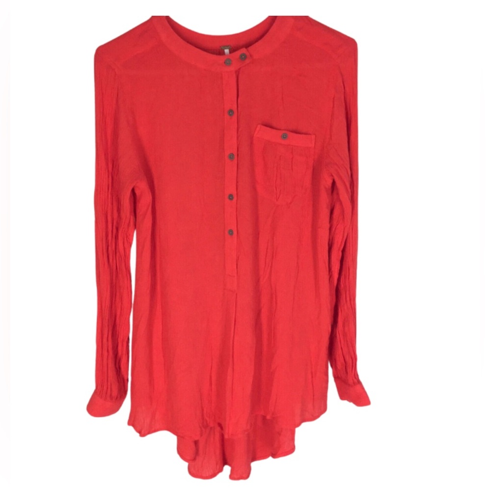 Free People Long Sleeve Gauzy Tunic Henley Top | Cherry Red | Size XS